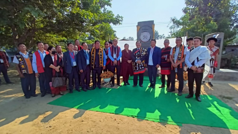 Special guest, N Jacob Zhimomi and guest of honour K Therie with others after unveiling the WCSU golden jubilee monolith. (Morung Photo)